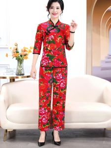 Bộ Đồ Hai Mảnh Họa Tiết Hoa Lớn Thời Trang Cho Mẹ Mùa Hè 2024 Áo Sơ Mi Dài Tay Quần Dài Vừa Vặn Giảm Tuổi