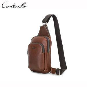 CONTACTS Genuine Leather Mens Leather Chest Bag Casual Crossbody Bag Travel Shoulder Backpack Multifunctional Bag