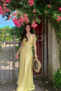 Elegant Backless Womens Dress Multi-Wear Party Gown Holiday Long Skirt Small-Niche Design Polyester High Waist Fairy Dress