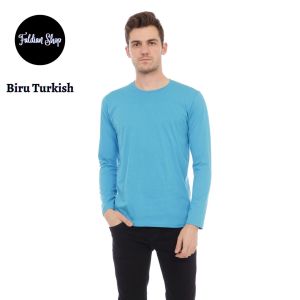 Kaos Polos Pria Oneck Lengan Panjang Bahan Katun Combed 30s Warna Biru Turkish