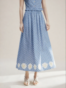 FAMANXUAN | French Style Blue and White Gingham Daisy Half Skirt Long A Line