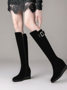 Korean Style round Toe Inner Heightening Ankle Boots Matte Leather over Knee Womens Boots Fleece Genuine Leather Slope Heel Long Boots