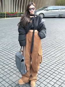 กางเกงขายาวทรงตรงผ้าคอร์ดูรอยสไตล์อเมริกันย้อนยุคสำหรับผู้หญิง กางเกงขายาวทรงตรงเอวสูง ดีไซน์กระชับสัดส่วน ฤดูหนาว 2025 กางเกงขายาวลำลอง