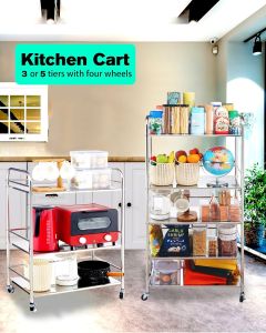 3/4 Tier Stainless Steel Trolley Cart Rolling Cart Food Cart Kitchen Storage Cart Microwave Stand Serving Trolley Cart with Wheels Multifunctional Utility Cart for Kitchen Hotel Restaurants