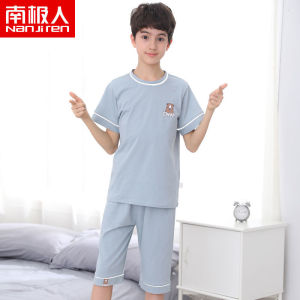 Nanjiren Kids Half Sleeve Air Conditioning Clothes Pajamas Boys Pure Cotton Older Boy Homewear Summer Cropped Pants Suit