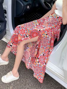 Summer Floral Print Sash Wrap Long Skirt A-Line High Waist Chiffon Asymmetrical Mid-Length Half Skirt with Slit for Women