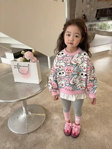 ชุดแฟชั่นสำหรับเด็กผู้หญิง เสื้อลายกระต่ายฤดูใบไม้ร่วงใหม่ ชุดสองชิ้นสไตล์เกาหลี