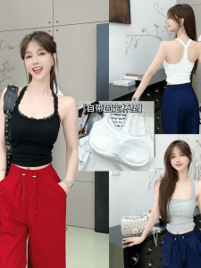 เสื้อกั๊กสายเดี่ยวคอวีลูกไม้ Justcc Pure Desire Lace Splice Work Back Strap Vest ทรงสลิมฟิต ผ้าฝ้ายผสม PU ยางยืด สีพื้น