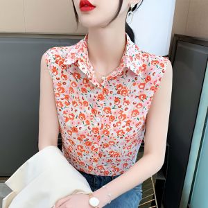 เสื้อเชิ้ตผ้าชีฟองแขนกุดคอปกพิมพ์ลายฤดูร้อน ทรงหลวม เสื้อเชิ้ตผู้หญิง เสื้อกั๊ก เสื้อตัวบน เสื้อผ้าทำงาน แฟชั่นสตรี