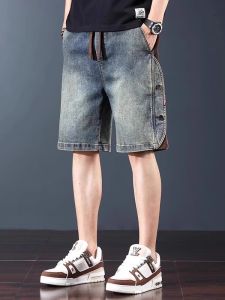 American Style Heavyweight Mens Denim Shorts Summer New Loose Five-Quarter Elastic Waist Large Size Trendy Brand Mid-Pants
