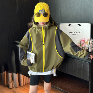 MPW | Girls Hooded Jacket 2025 New Spring Autumn Fashion Color Block Casual Korean Style Childrens Outerwear Windproof Waterproof