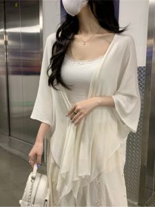 Ice Silk Knitted Shawl Cardigan Womens Winter Thin Uneven Coat Top Trendy Casual Style Loose Fit Seven Sleeve V Neck Short Length