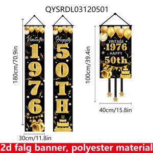 2D Flat 3-Piece 50th Birthday Banner Polyester 70.9×11.8in Black Gold Porch Sign Indoor Outdoor Party Supplies