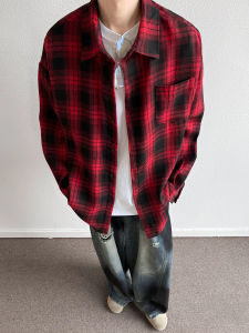 Red Plaid Long Sleeve Shirt Mens Spring American Retro Collar Cleanfit Shirt Jacket Loose Fit Youth Trend No Iron Treatment