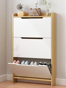 Modern Minimalist Solid Wood Shoe Cabinet Thin Model Home Entrance Hallway Cabinet 15cm Thickness Flip Open Door Design