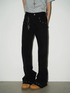 กางเกงยีนส์ทรงตรงสีดำ American High Street Cleanfit Rivet Blade กางเกงยีนส์ทรงตรงสำหรับผู้ชายและผู้หญิงที่สวมใส่ได้หลากหลาย