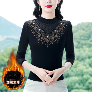Black Mock-Neck Lace Mesh Bottoming Shirt for Women Fall and Winter Fancy Inner Match Small Shirt Western Style Ladieswear Velvet Hoodie
