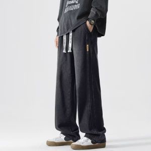 American Vibe Black Drawstring Flared Jeans Mens Spring Autumn Cleanfit Slim Straight Casual Long Pants Youth Fashion