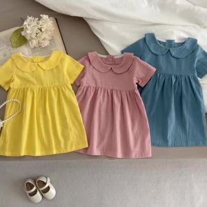 Summer Toddler Infant Baby Dress Solid Cotton Simple Baby Girls Home Dress Kids Casual Clothes Ruffle Decoration Princess Dress