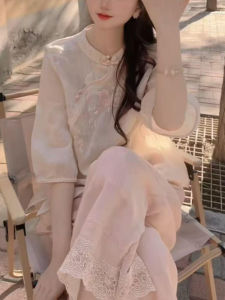 Shalldoer | New Chinese Style Embroidered Buttoned Sun Protection Shirt And Lace Long Pants Womens Two-Piece Set Summer Design Sense