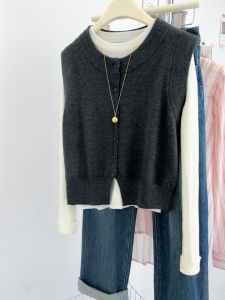 Gray Sleeveless Knitted Vest Womens Spring Autumn High-End Vintage Outerwear Short Cardigan Top round Neck Single Button