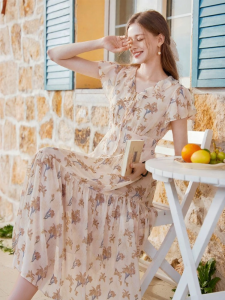 XIANGYING | V-Neck Floral Chiffon Dress Waist Cinched