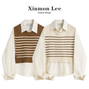 Xinmonlee Preppy Style Knitted Vest Two-piece Set Female Autumn Shirt Tops Easiest for Match Fashion Suit