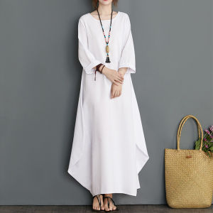 Loose Cotton Linen Long Dress Slimming Seven Sleeve Pure Color Ethnic Artistic plus Size Spring Summer A-Line Dress