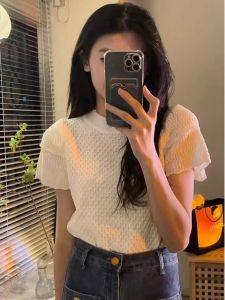HUOLISI | French White Puff Sleeve Ice Silk Knit Top