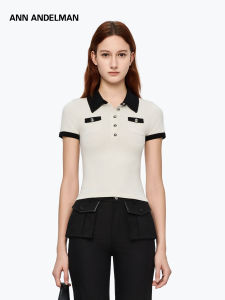 ANN ANDELMAN | Contrast Collar Crew Neck Short Sleeve Knit Top