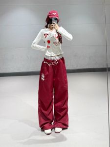 Lin Xiaohua Spicy Girl Lace Trim Short Top + Red Lace Double Belt Thin Sport Pants Straight Casual Trousers