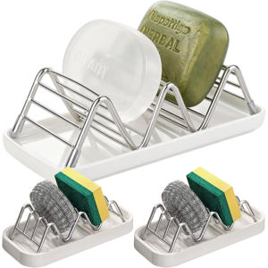 Stainless Steel Non-slip Soap Draining Holder / W Shaped Wave Soap Holder / Multifunctional Kitchen Sponge Storage Rack / Practical Waterproof Soap Rack with Drain Tray