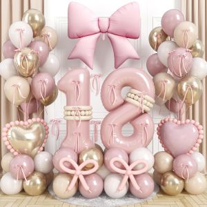 ‌Dusty Pink Balloon Number 13/15/16/18/21 for Birthday Decorations - Retro Blush Pink Gold Cream Latex Balloons with Large Bow H