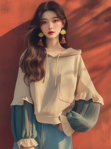 Outlet Exclusive Brand Unique Lazy Style Yellow สีเบจ Spliced เสื้อฮู้ด ผู้หญิง ฤดูใบไม้ร่วง ผ้าฝ้าย Long Sleeve Commute เวอร์ชั่นเกาหลี