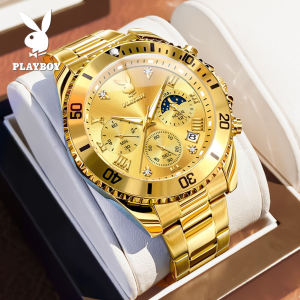 PLAYBOY Watch Men Original Waterproof Fashionable Casual Stainless Steel Luminous Multi-function Calendar Chronograph Diamond Inlaid High quality Quartz Jam Tanggan Lelaki