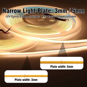 DC 12V 24Vไฟเส้น LED 3mm/5mm ไฟเส้นสายยาวรุ่นที่แคบ ความหนาแน่นสูง COB ยืดหยุ่น 3000K 4000K 6000K แถบแสงที่สัมผัสได