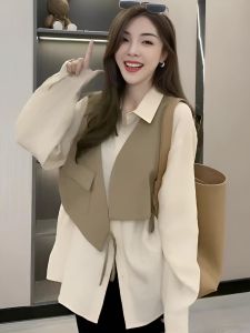 Fashionable Asymmetrical Belted Shirt Jacket Combo Womens Loose Fit Top Korean Style Long Sleeve Polo Collar Two-Piece Set