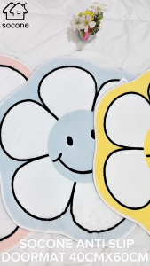 Socone Cute and Healing Smiley Flower Floor Mat | Cute Korean-Japanese Style | 60x60cm | 3 Colors (Blue Yellow Pink) | Soft & Non-slip