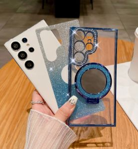 For Samsung Galaxy S24 S22 S23 Plus Ultra Phone Case Gradient Folding Bracket Glitter Diamond Make Up Mirror Wireless Charging Magsafe Phone Cover