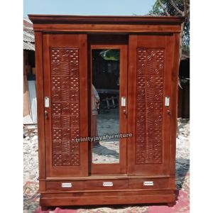 Lemari Pakaian 3 Pintu Sliding Laci Kayu Jati 1Rak 2 Gantung/trinityjayafurniture