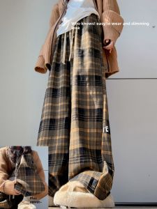 Yellow Plaid High Waist Wide Leg Pants Womens Autumn Winter Loose Straight Casual Trousers Comfortable Fleece Lined Trousers