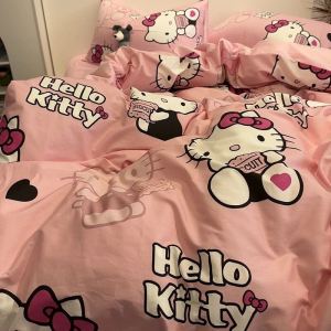 Adorable Princess Style KT Kitty Washed Cotton Bedding Set Four Pieces Student Dormitory Three Pieces Simple Modern Polyester