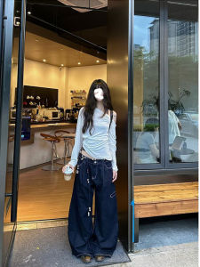 กางเกงยีนส์ทรงหลวมสไตล์อเมริกันสำหรับผู้หญิง กางเกงขายาวทรงหัวมีดสีน้ำเงินเข้ม กางเกงขายาวทรงหลวมสไตล์วินเทจ