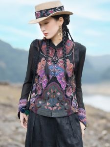 Elegant Chinese Style Short Embroidered Vest Set Heavy Work Sichuan Miao Cotton Silk Blend Commute Wear Floral Pattern