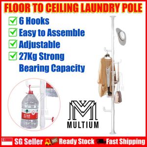 Floor to Ceiling Drying Pole Adjustable Standing Laundry Tension Rod with 6 Hooks Multi-functional Drying Stand for Drying or Hanging Scarfs Hats Caps Towels Clothes Blouses Bags and Coats Suitable in Bedroom Balcony Living Room and Bathroom