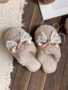 Dễ Thương Ren Nút Bướm Dép Sang Trọng Đáy Phẳng Chống Trượt Nữ Thoải Mái Home Cotton Vải Bông Dép Mùa Đông Ấm Áp Giày Trong Nhà