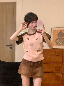 Unique Butterfly Knot Print Short Sleeve Womens Sweet Cool Color Block Shoulder T-Shirt Korean Style Slim Fit Cotton Tee