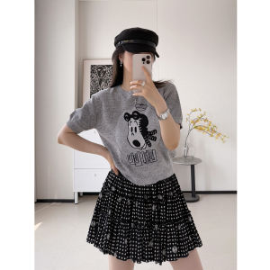 Lulu Grey Embroidered round Neck Short Sleeve Knitted Sweater Womens New 2025 Slim Fit Cartoon Print Shoulder Fit Polyester Cotton Blend