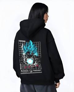 Bandai | Dragon Ball Anime Fusion Reborn Super Saiyan Black Hoodie Blue Haired Character Print Manga Style Sweatshirt with Glow Effect