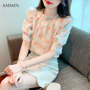 AMMIN summer new womens short-sleeved hand-painted orange chiffon Blouse French fashion temperament senior sense of ruffle stitching chiffon Tops